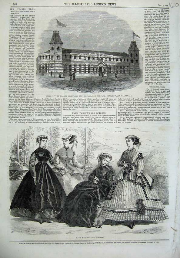 Old Antique Print Paris Fashion 1866 Thames Shipbuilding Blackwall Iron 19th