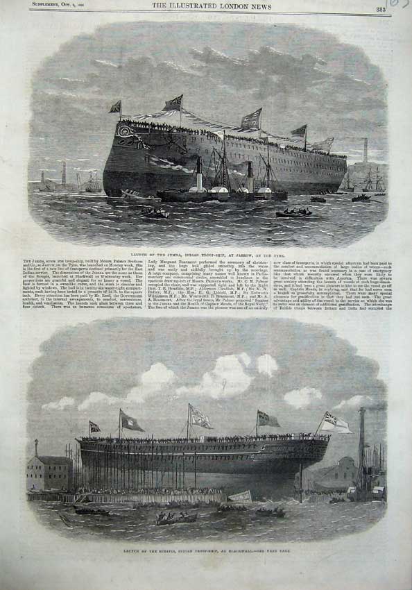Old Antique Print Jumna Indian Troop Ship Serapis Blackwall 1866 Jarrow 19th