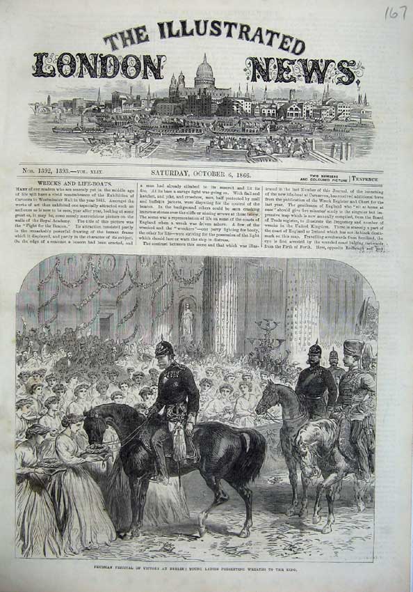 Old Antique Print 1866 Prussian Festival Berlin Ladies Wreaths King War 19th
