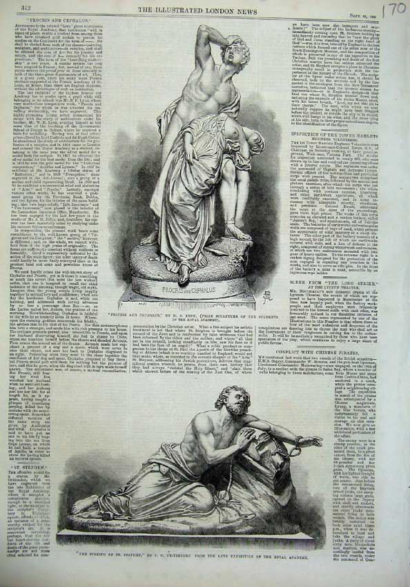 Original Old Antique Print 1866 Statue Stoning Stephen Procris Cephalus Academy