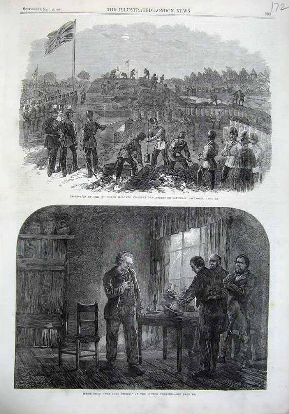 Original Old Antique Print Tower Hamlets Engineers Army 1866 Theatre Lyceum Art