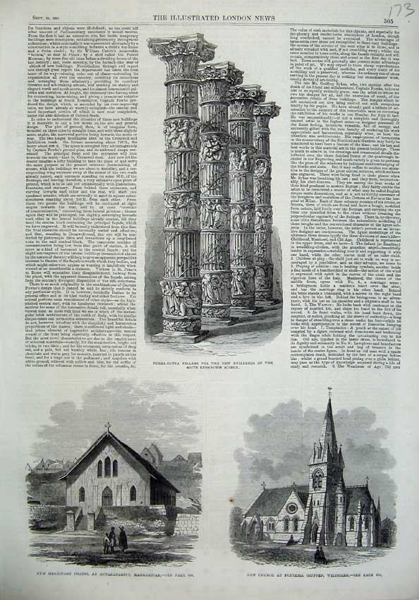 Old Antique Print Terra-Cotta Pillar Kensington Museum 1866 Church Chapel 19th