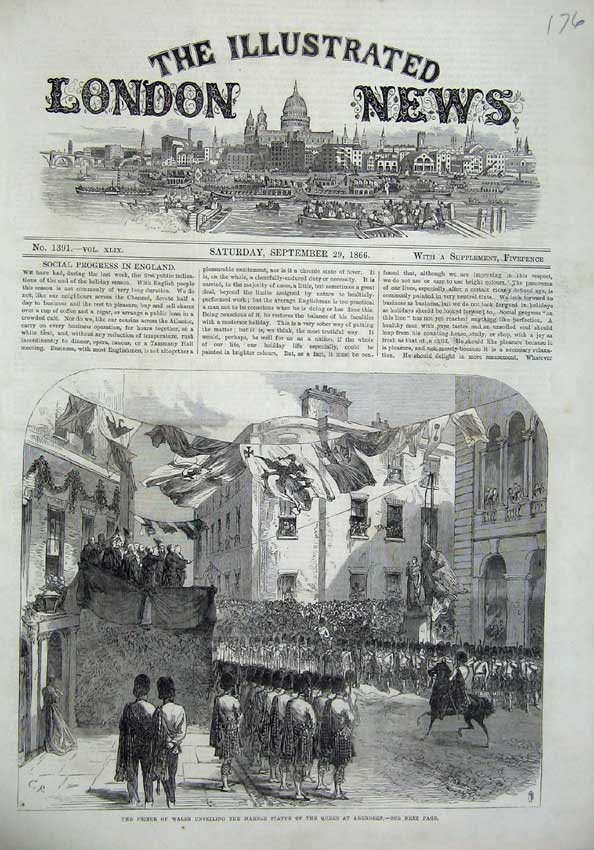 Old Antique Print 1866 Prince Wales Marble Statue Queen Aberdeen Scotland 19th