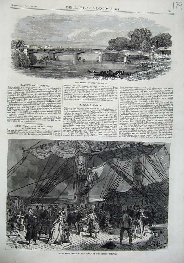 Old Antique Print Bridge Hampton Court 1866 Surrey Theatre True Core Art 19th