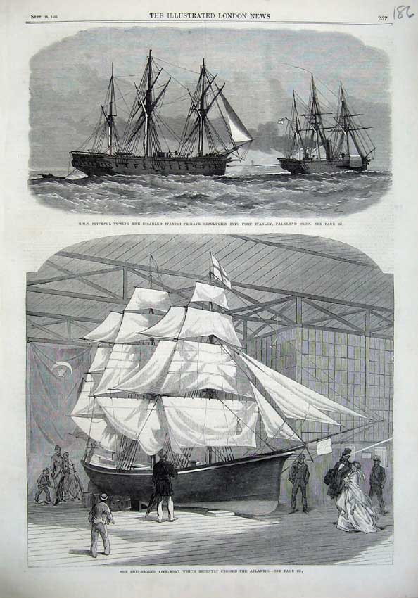 Original Old Antique Print Ship Spiteful Resolucion Falkland Isles Life-Boat