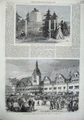 Old Antique Print 1866 Naploeon Monument Leipsic Market Place Rath-Haus 19th