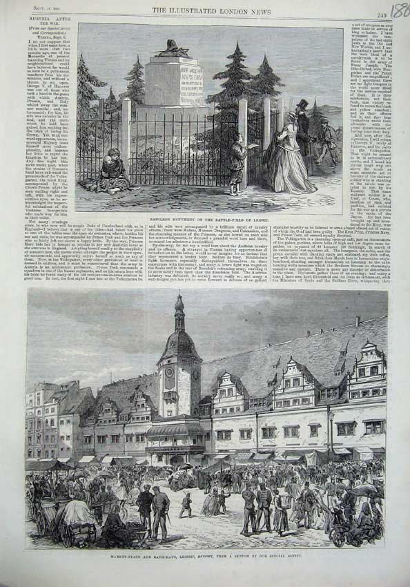 Old Antique Print 1866 Naploeon Monument Leipsic Market Place Rath-Haus 19th