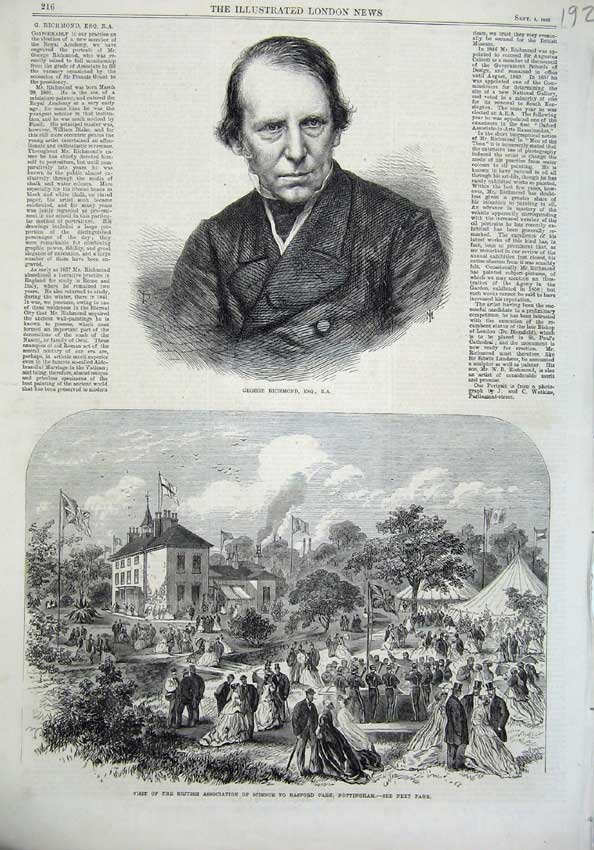 Original Old Antique Print George Richmond 1866 Basford Park Nottingham People