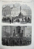 Old Antique Print War 1866 Market Place Prayers Pardibitz Prague Bohemia 19th
