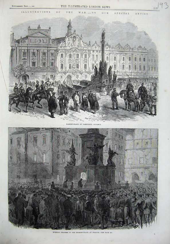 Old Antique Print War 1866 Market Place Prayers Pardibitz Prague Bohemia 19th