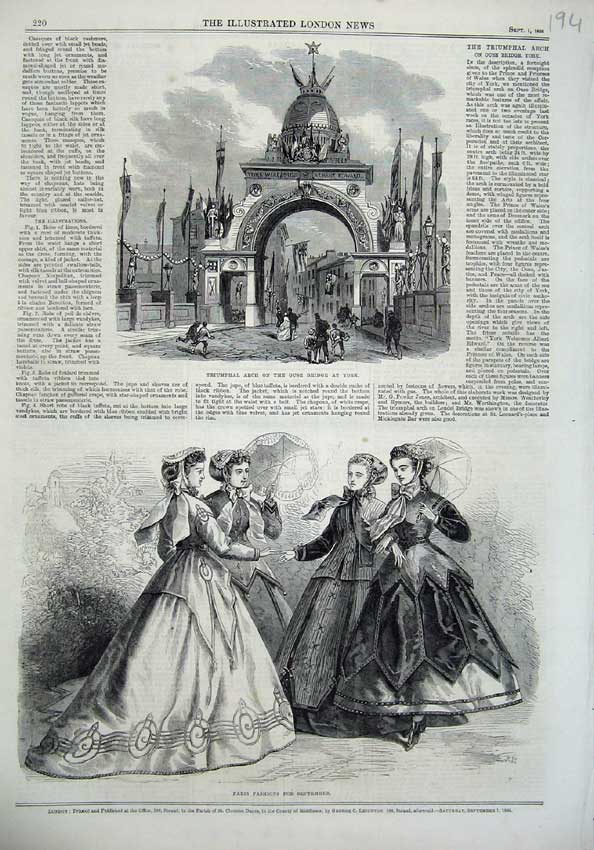 Original Old Antique Print Paris Fashion 1866 Triumphal Arch Puse Bridge York