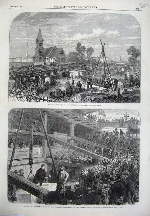 Original Old Antique Print 1866 Railway Works Pancras Church Yard Westminster