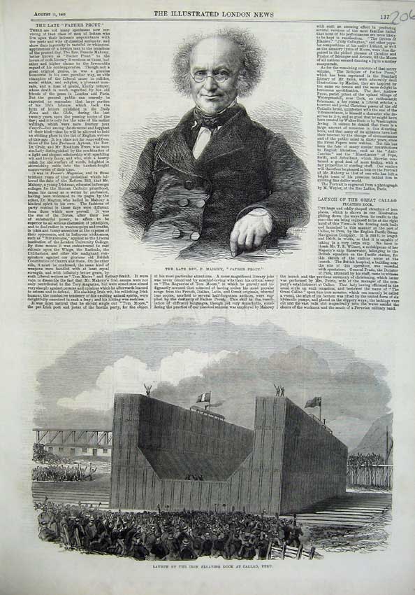 Original Old Antique Print Portrait Mahony Prout 1866 Floating Dock Callao Peru