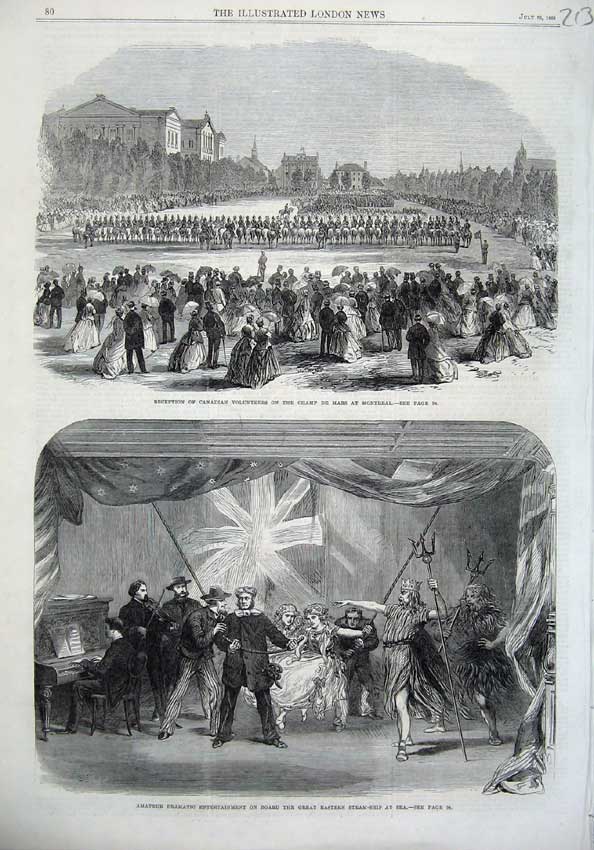 Original Old Antique Print Canadian Volunteers Mars Montreal 1866 Ship Eastern