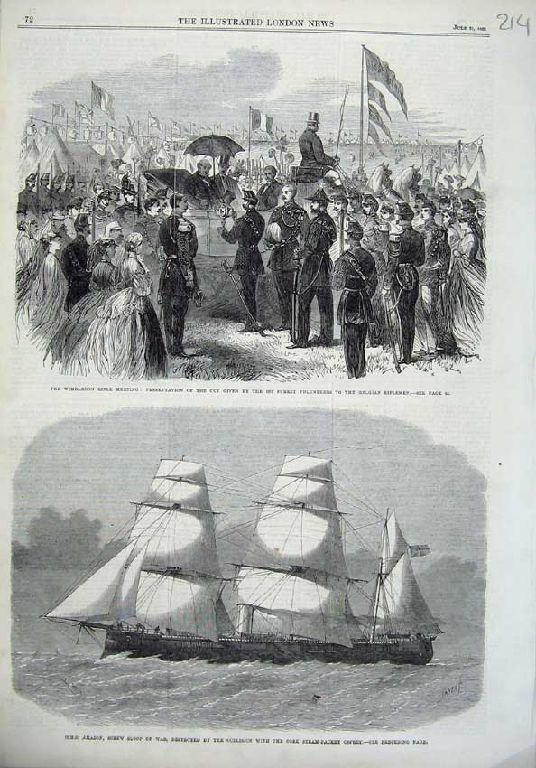 Old Antique Print Rifle Meeting Surrey 1866 Amazon Screw Ship Sloop War 19th
