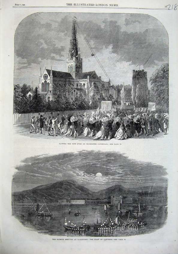Old Antique Print Capping Spire Chichester Cathedral 1866 Llandudno Moon 19th