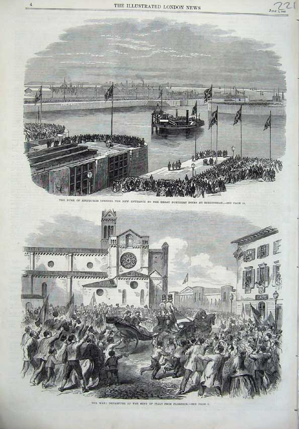 Original Old Antique Print Duke Edinburgh Docks Birkenhead 1866 King Italy War