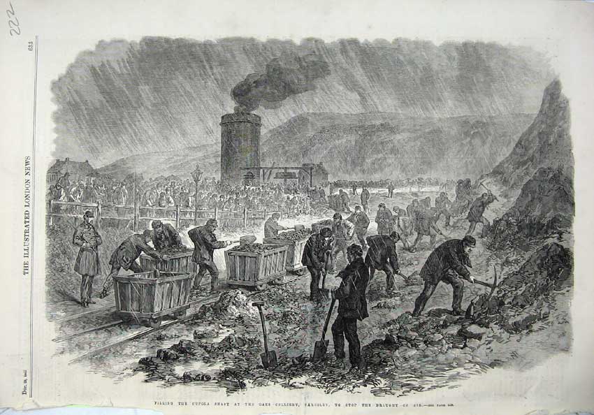 Original Old Antique Print Filling Cupola Shaft Oaks Colliery Barnsley 1866 Art