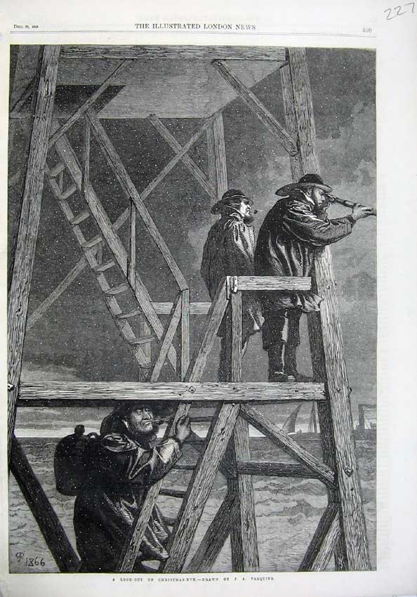 Old Antique Print Fine Art 1866 Look Out Christmas Eve Men Snow Pasquier 19th