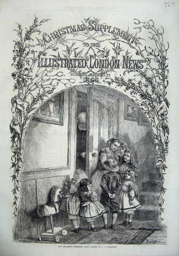 Original Old Antique Print 1866 Children Christmas Carols Stairs Toy Horse 19th