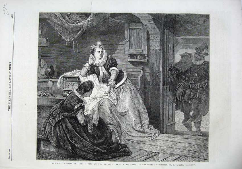Old Antique Print 1866 Meeting James I Anne Denmark Women Man Folingsby 19th