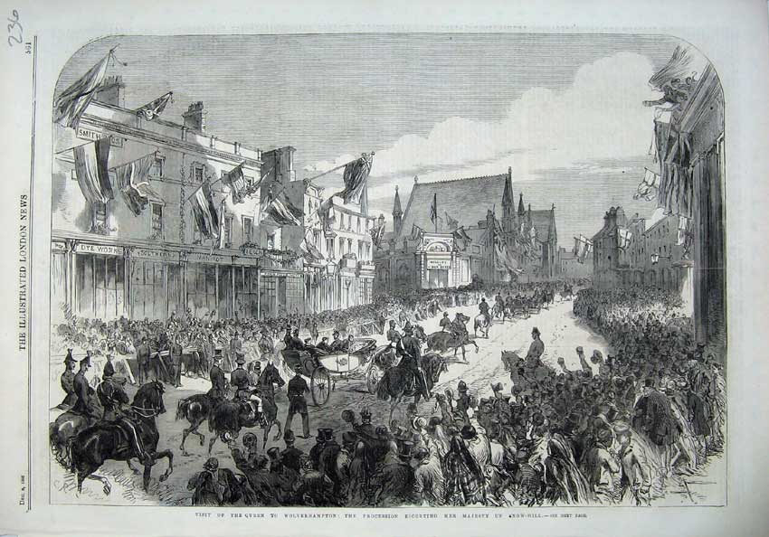 Original Old Antique Print Queen Wolverhampton 1866 Procession Snow-Hill Horses