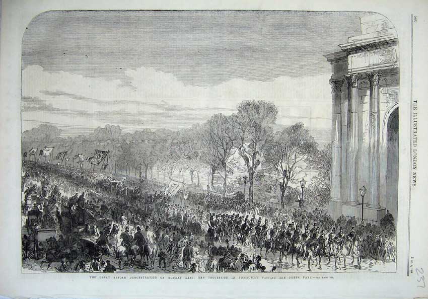 Old Antique Print 1866 Reform Demonstration Procession Piccadilly Green 19th