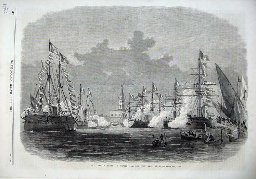 Old Antique Print 1866 Italian Ship Fleet Venice Saluting King Italy Sail 19th