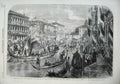 Old Antique Print 1866 King Emmanuel Venice Barges Boats River Buildings 19th