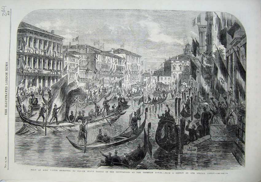 Old Antique Print 1866 King Emmanuel Venice Barges Boats River Buildings 19th