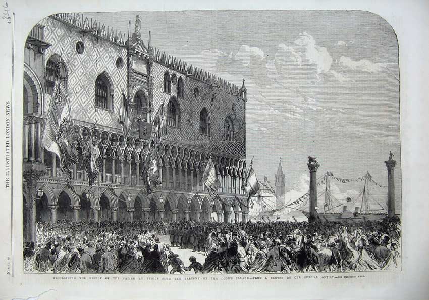 Original Old Antique Print 1866 Proclaiming Voting Venice Balcony Doge'S Palace