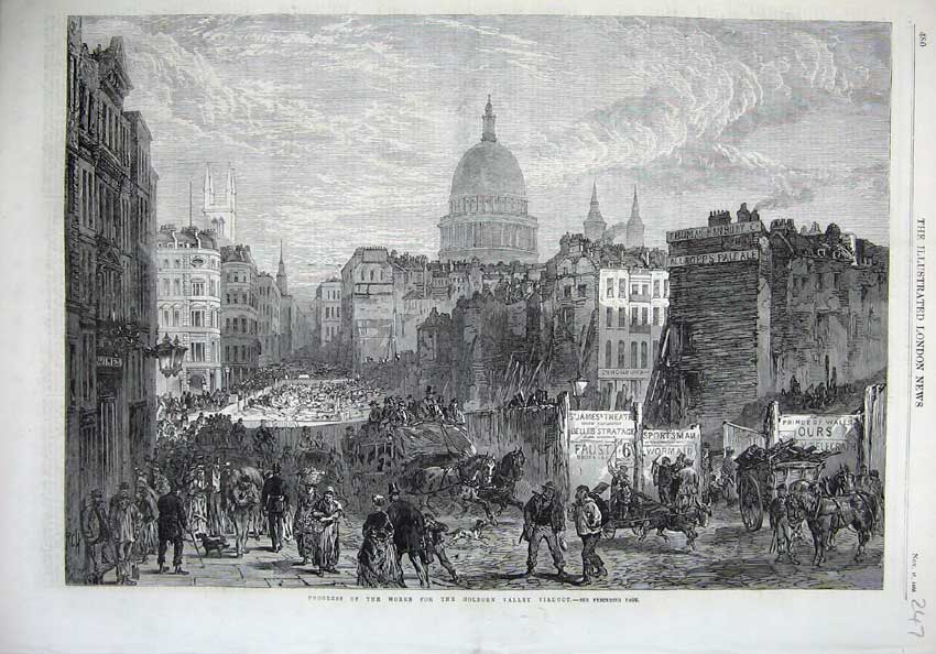 Original Old Antique Print 1866 Progress Works Holborn Valley Viaduct Fine Art