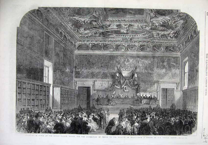 Old Antique Print Fine Art 1866 Doge'S Palace Venice Kingdom Italy People 19th
