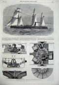 Original Old Antique Print 1866 Ship Waterwitch Gun Boat Hydraulic Propellers