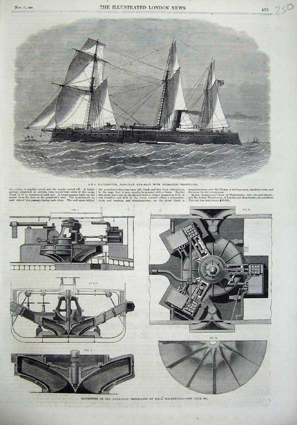 Original Old Antique Print 1866 Ship Waterwitch Gun Boat Hydraulic Propellers