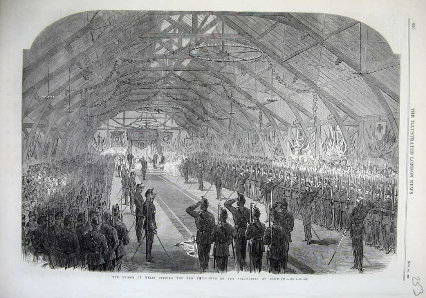 Old Antique Print 1866 Prince Wales Opening Drill-Shed Volunteers Norwich 19th