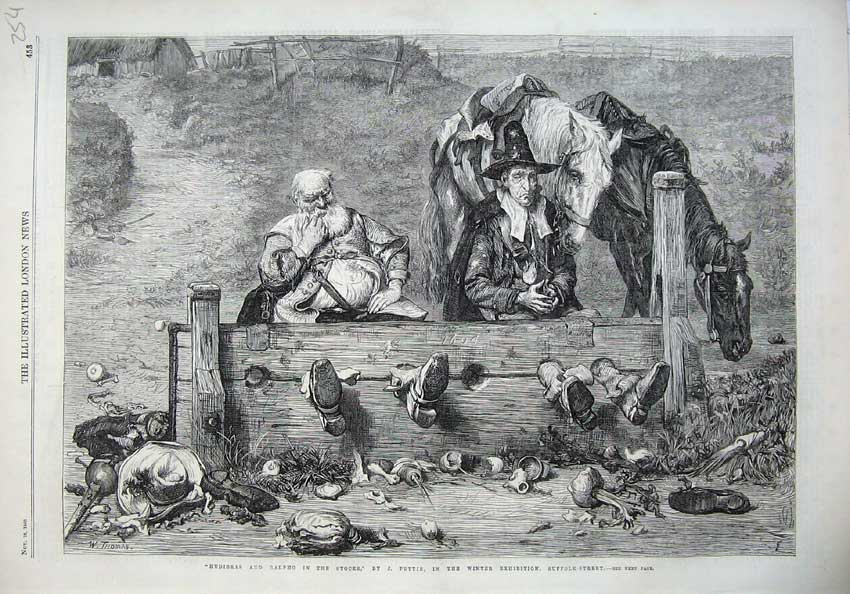 Original Old Antique Print 1866 Hudibras Ralpho Stocks Horse Vegetables Pettie