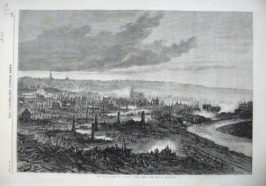 Old Antique Print 1866 Fine Art Great Fire Quebec Marine Hospital Canada 19th