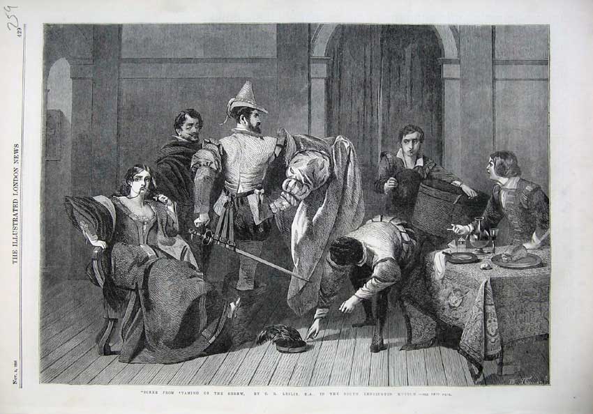 Original Old Antique Print Fine Art 1866 Taming Shrew Theatre Kensington Museum