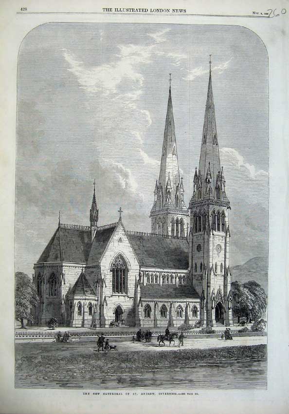 Old Antique Print 1866 Cathedral St Andrew Inverness Scotland Church Art 19th