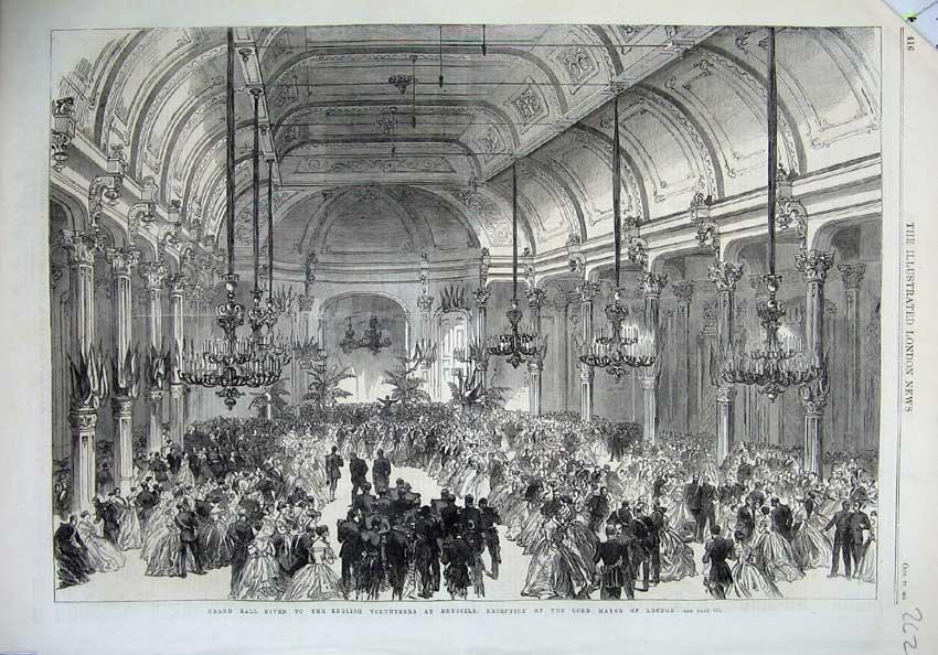 Old Antique Print 1866 Grand Ball English Volunteer Brussels Mayor London 19th