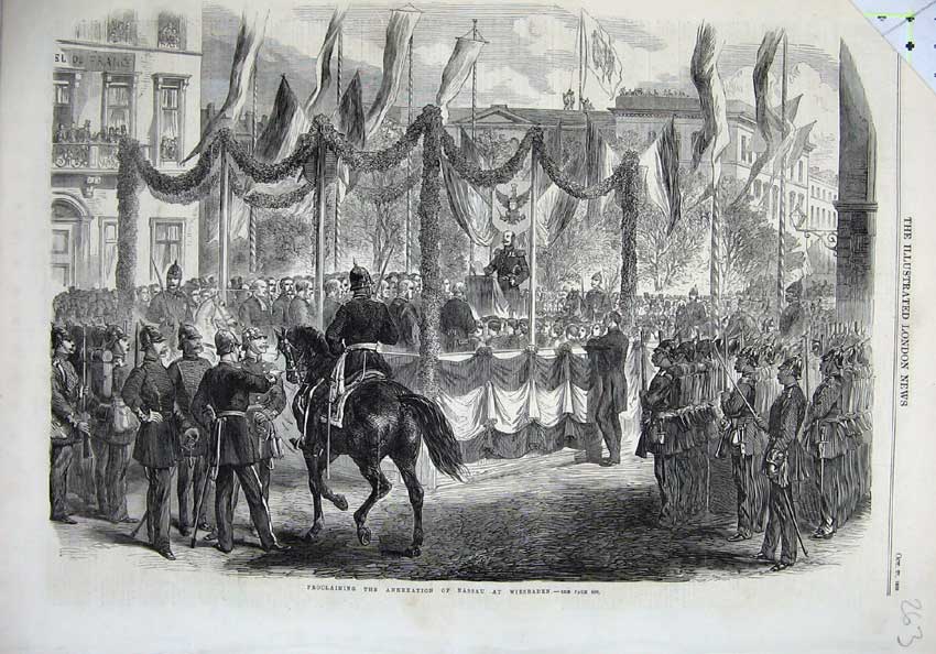 Original Old Antique Print 1866 Proclaming Annexation Nassau Wiesbaden War Army