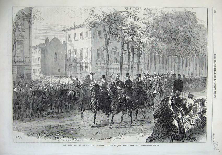 Old Antique Print 1866 King Queen Belgians Volunteers Brussels Horses Art 19th