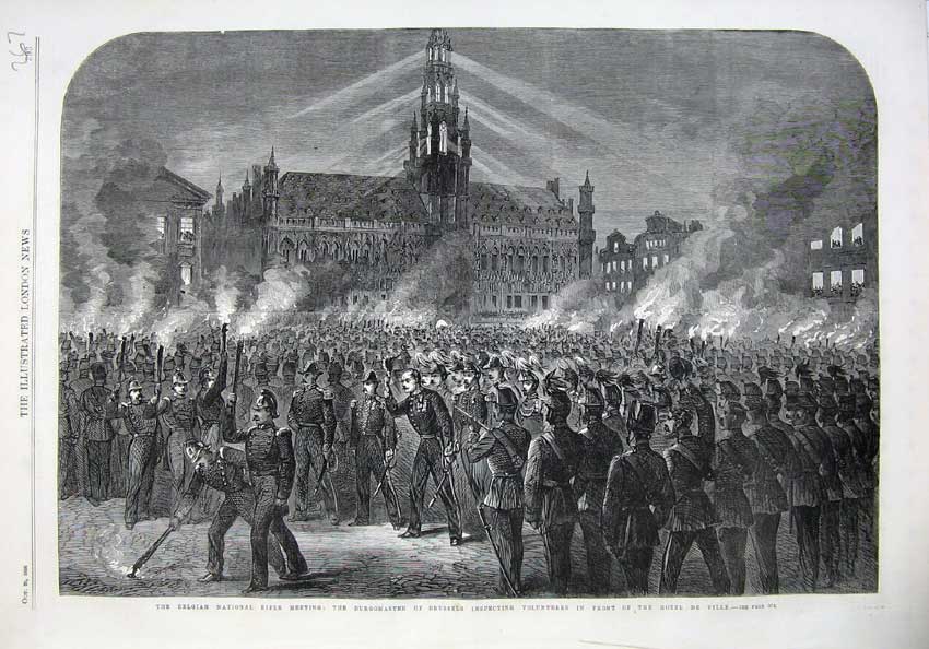 Old Antique Print 1866 Belgian Rifle Burgomaster Brussels Hotel De Ville 19th