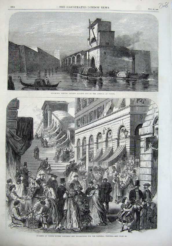 Old Antique Print 1866 Steam Tug Galleys Venice Lantern National Festival 19th