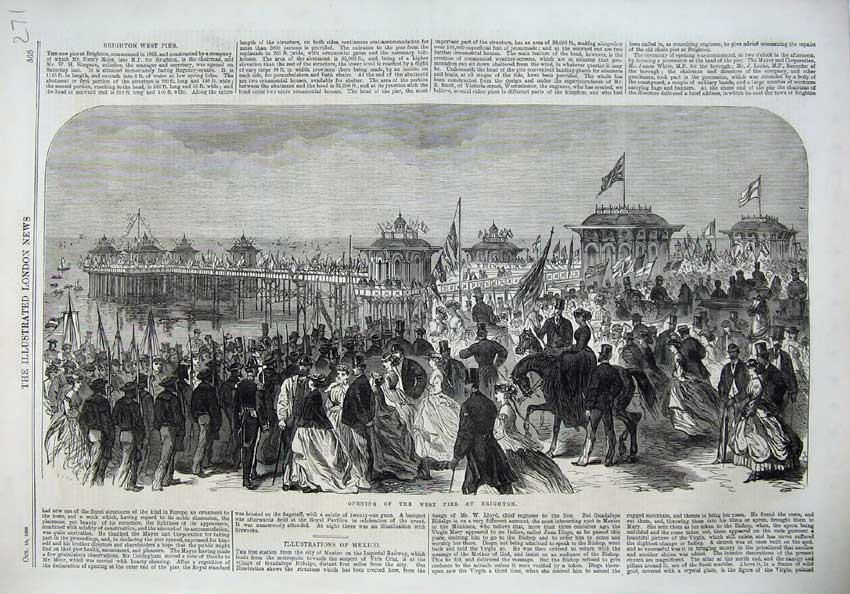 Old Antique Print 1866 Scene Opening West Pier Brighton Ships Horses Art 19th