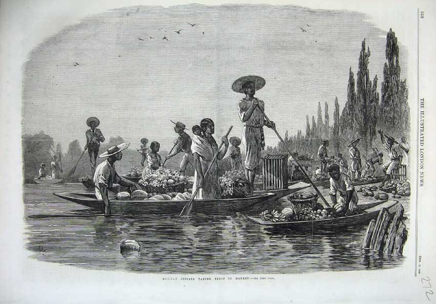 Old Antique Print 1866 Fine Art Mexican Indians Taking Fruit Market Boats 19th