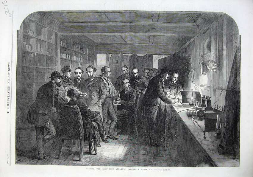 Old Antique Print 1866 Fine Art Testing Recovered Atlantic Cable Men Work 19th
