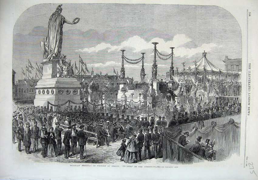 Original Old Antique Print 1866 Prussian Festival Victory Berlin Schloss-Platz