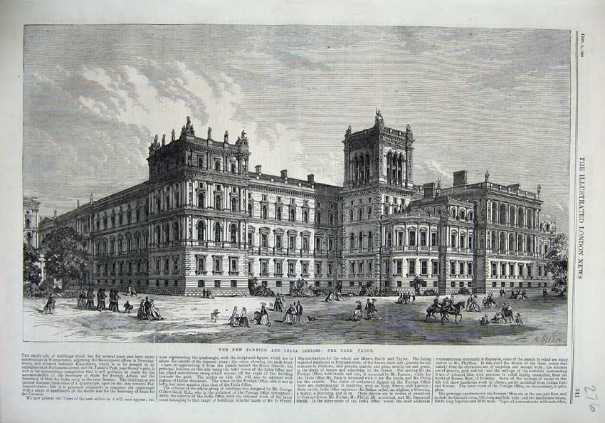 Old Antique Print 1866 New Foreign India Offices Exterior Front Fine Art 19th